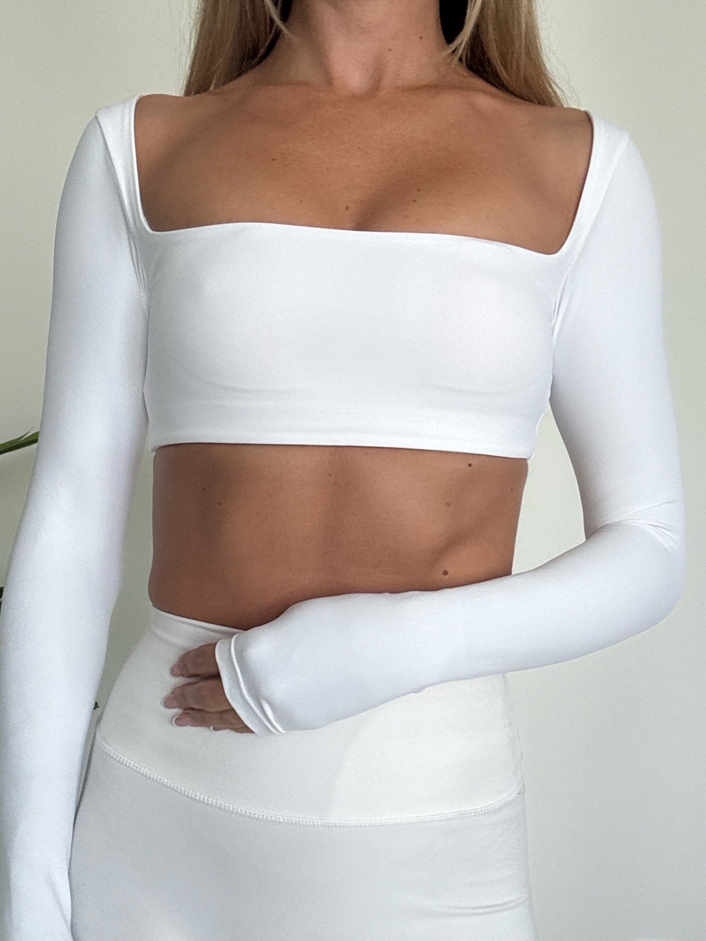 CSB White Square-Neck Long Sleeve Crop Top